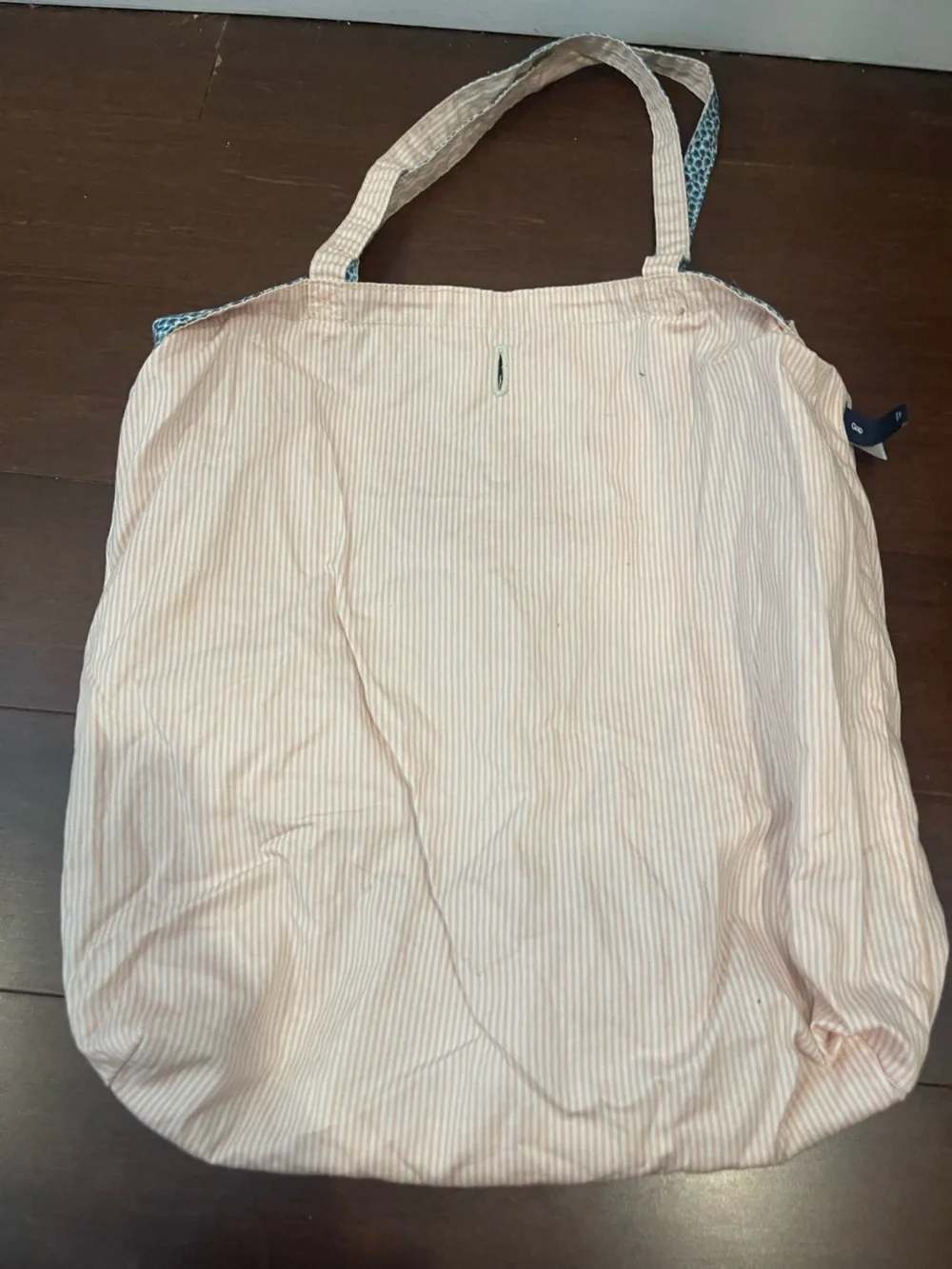 gap reversible blue floral/ pink and white stripe cotton tote